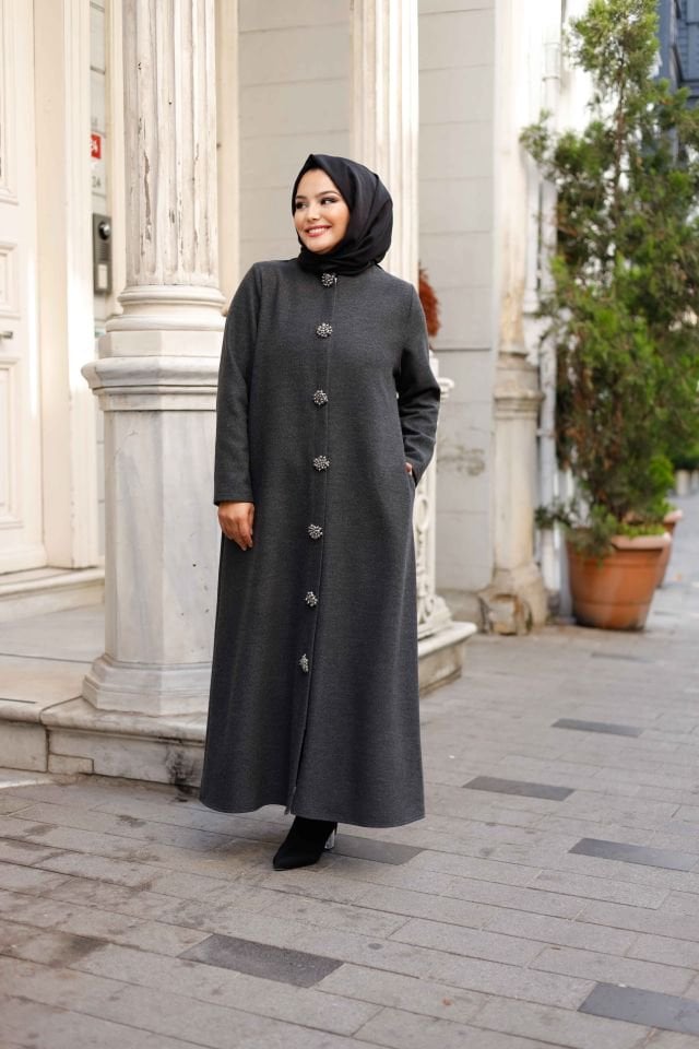 İnci Düğmeli Kaşe Kaban