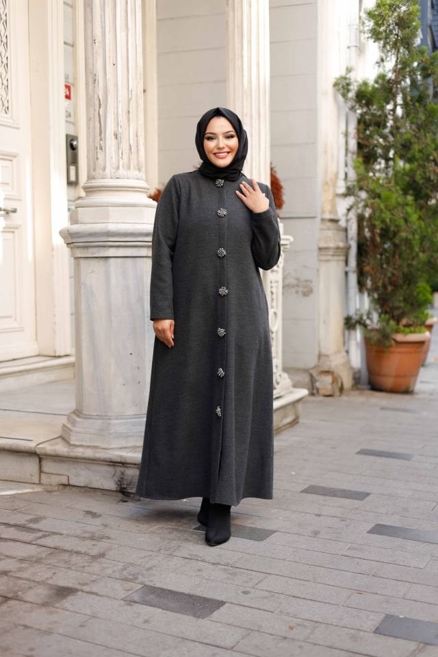 İnci Düğmeli Kaşe Kaban