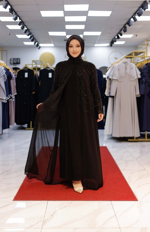 Asude Şifon İşlemeli Abaya İkili Takım