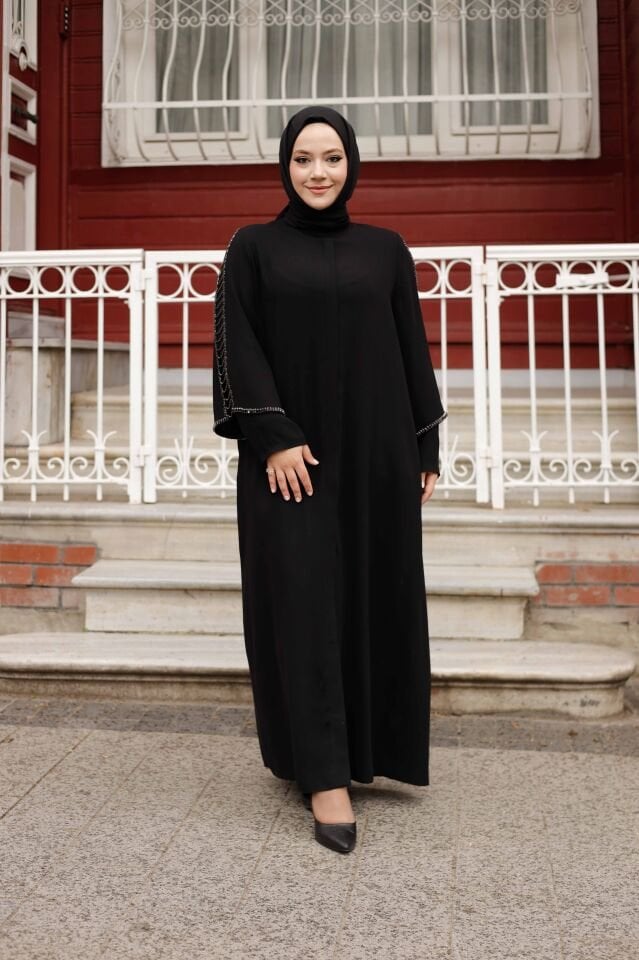 Sıralı Taş İşlemeli Dubai İpeği Ferace