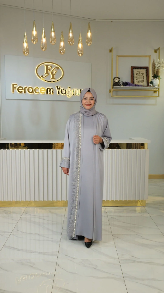 Tasarım Gri Şerit Abaya (Macro Abraham Kumaş)