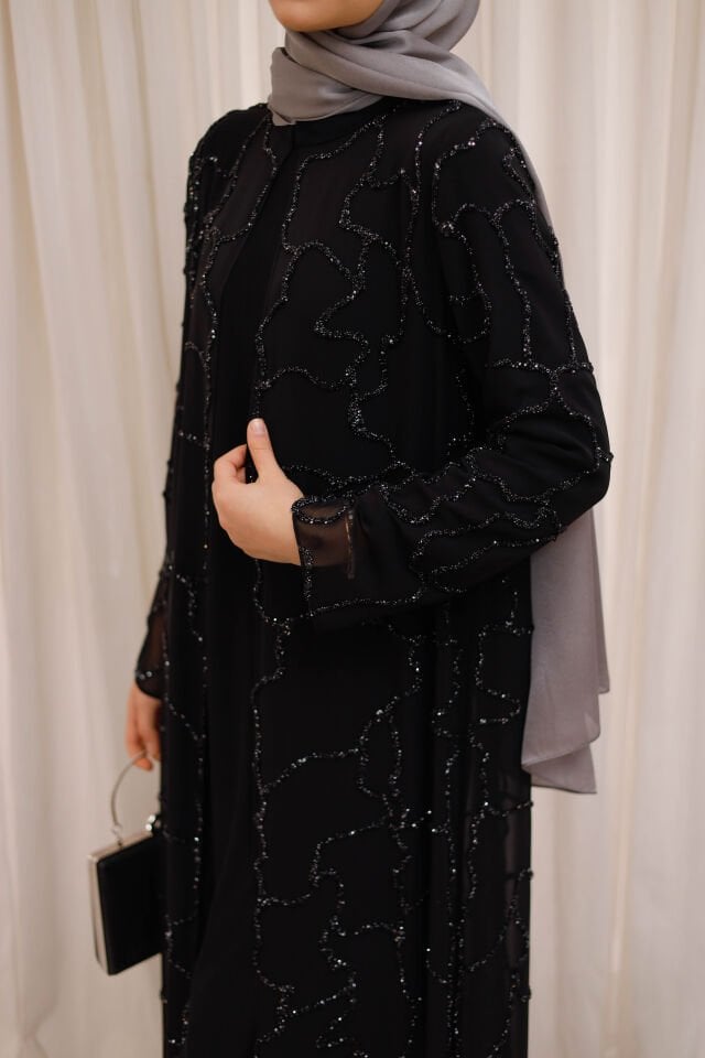 Nisa Taş Desenli Şifon Abaya