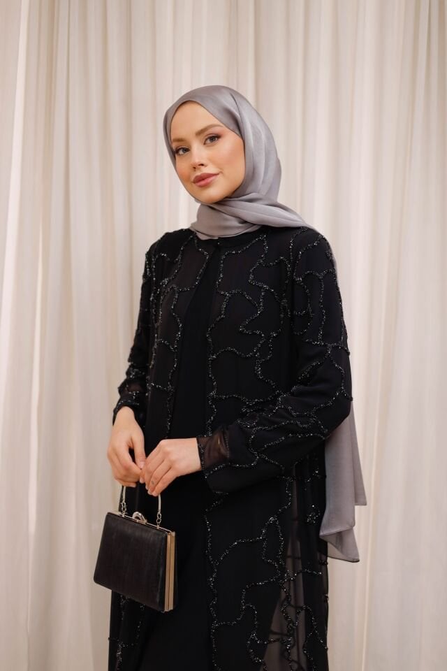 Nisa Taş Desenli Şifon Abaya