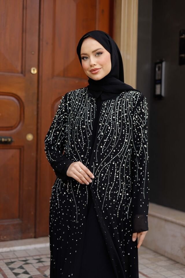 Nisra Taş İşlemeli Şifon Abaya Takım