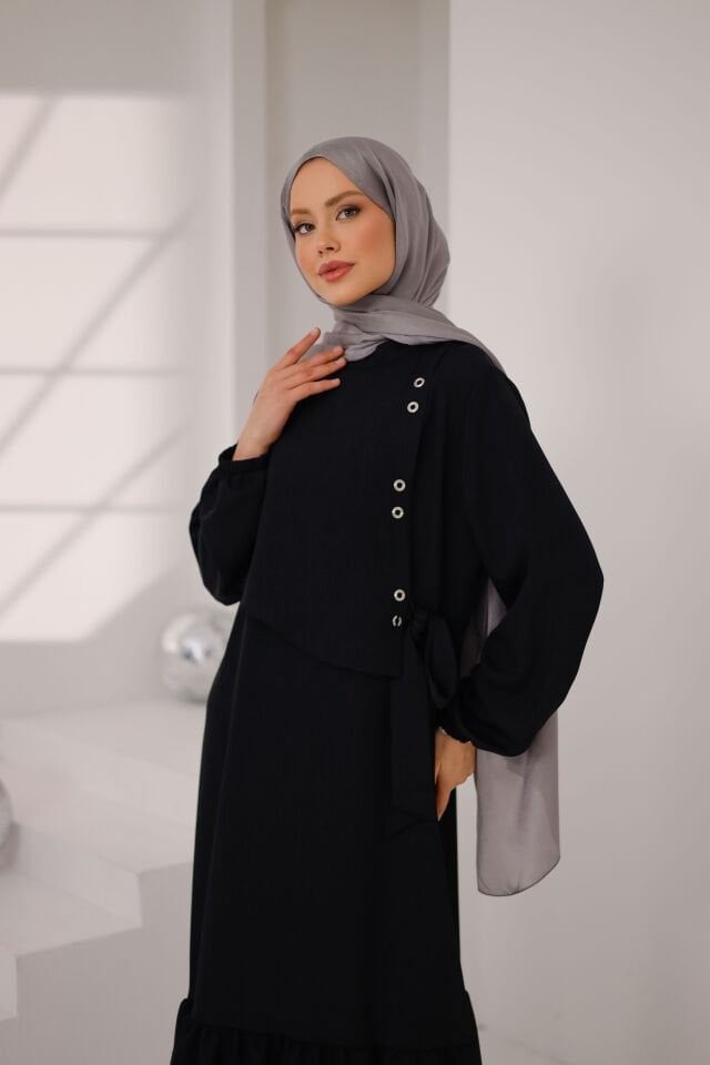 Lina Taş Detaylı İpek Tesettür Elbise