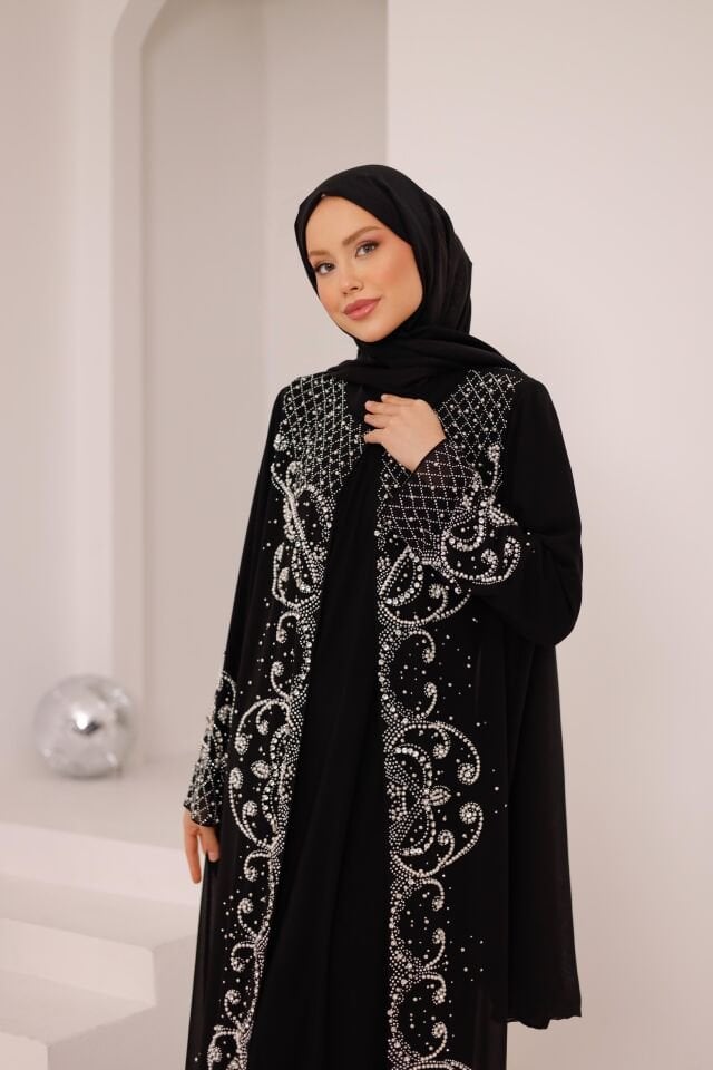 Selin Taş İşlemeli Şifon Abaya