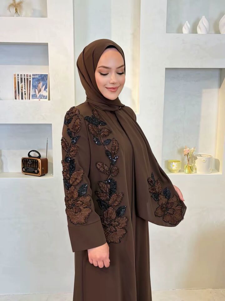 Kuğu Dubai İpek Kumaş İkili Abaya Takımı