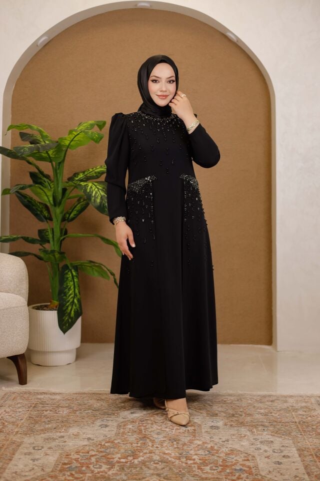 Abaya Ferace Taş İşlemeli Abraham Krep Kumaş