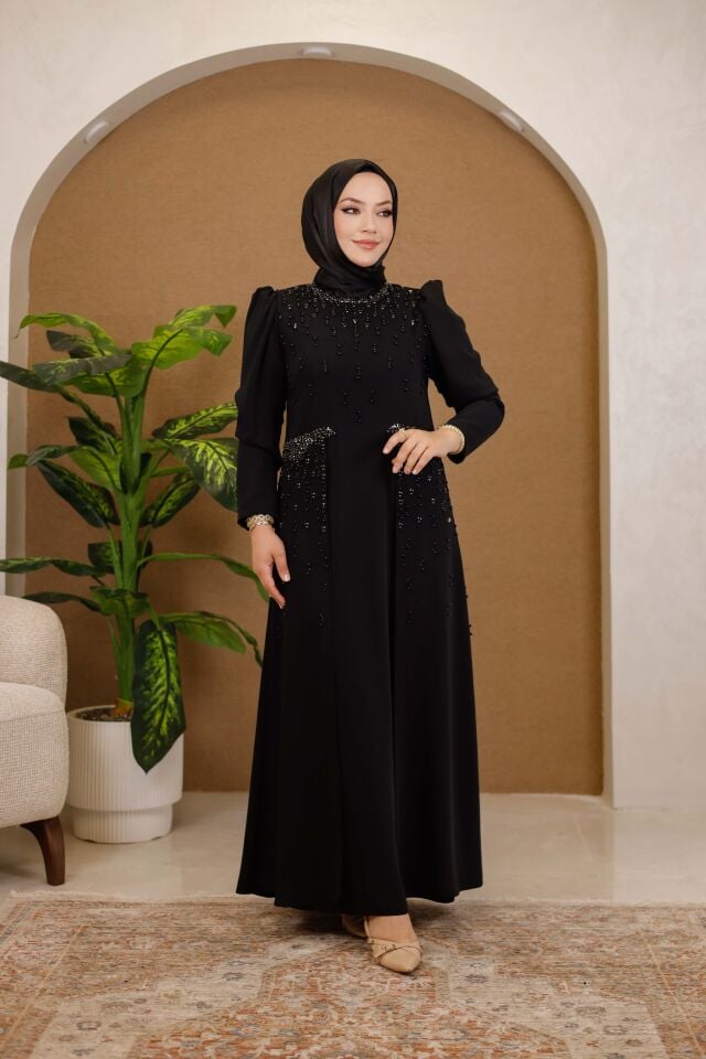 Abaya Ferace Taş İşlemeli Abraham Krep Kumaş