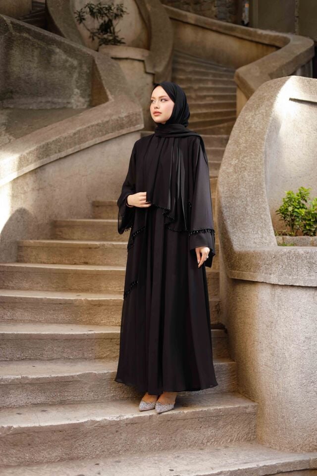 İnci Detaylı Siyah Şifon Abaya Takımı