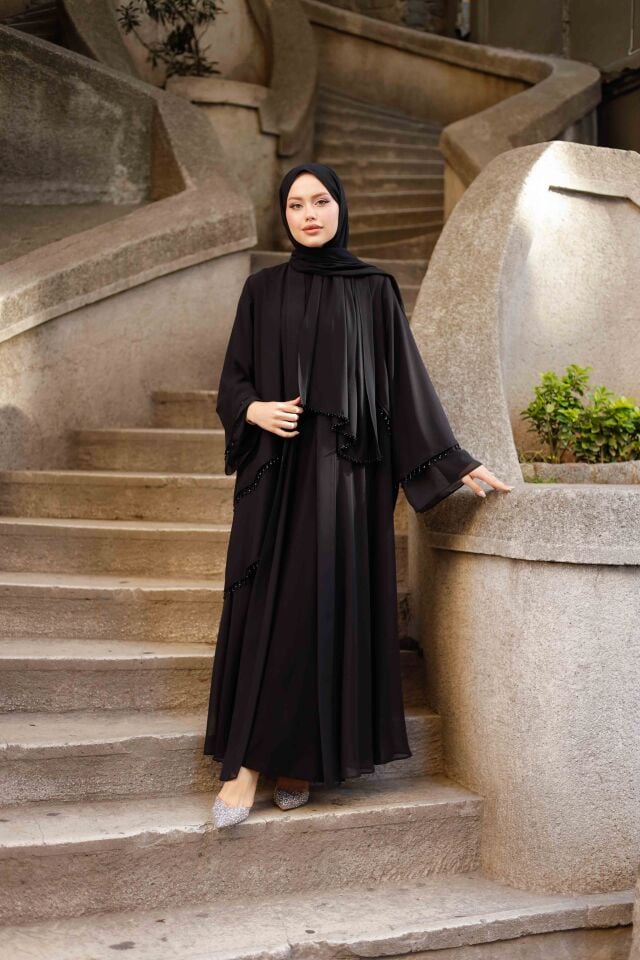 İnci Detaylı Siyah Şifon Abaya Takımı
