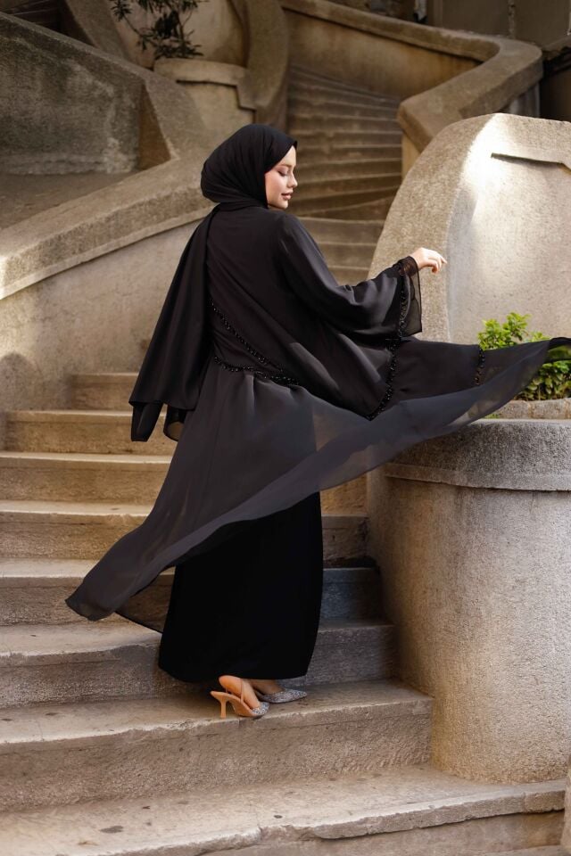 İnci Detaylı Siyah Şifon Abaya Takımı