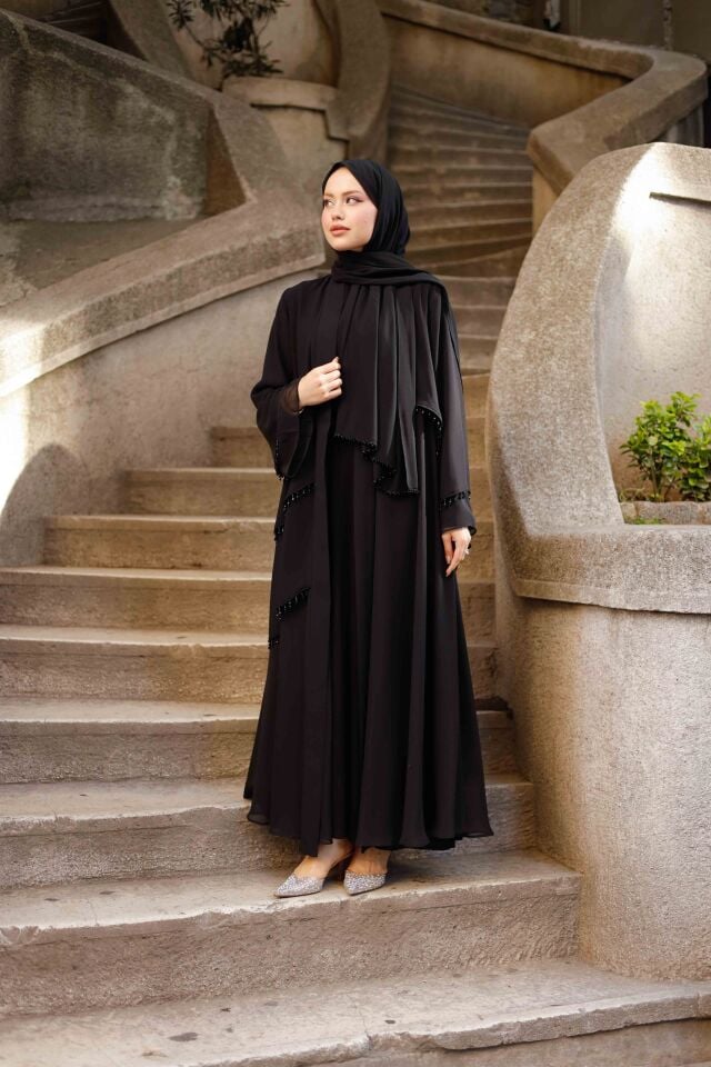 İnci Detaylı Siyah Şifon Abaya Takımı