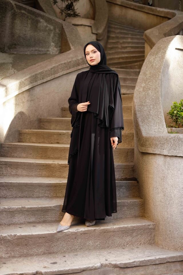 İnci Detaylı Siyah Şifon Abaya Takımı