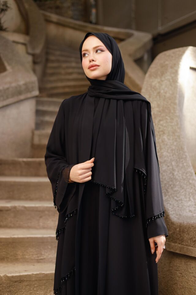 İnci Detaylı Siyah Şifon Abaya Takımı