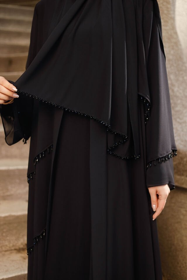 İnci Detaylı Siyah Şifon Abaya Takımı