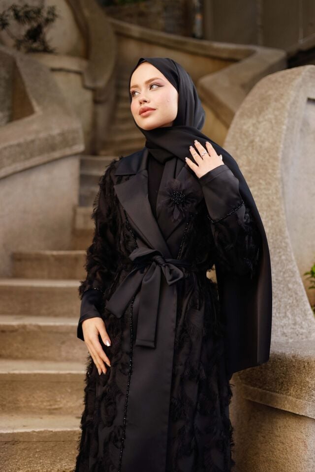 Organze Saçaklı Abaya Takımı