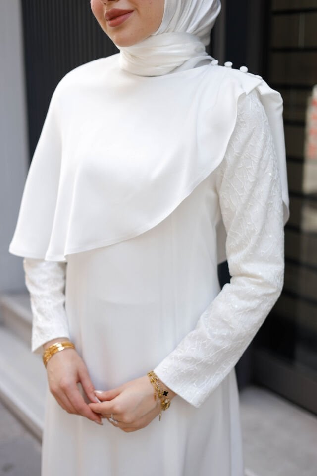 Seyyar Pelerinli Abraham Kumaş Abiye Elbise - 5 Farklı Renk Seçeneği