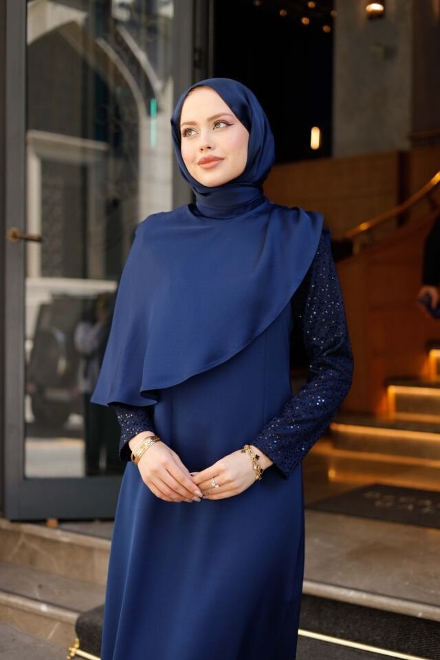 Seyyar Pelerinli Abraham Kumaş Abiye Elbise - 5 Farklı Renk Seçeneği